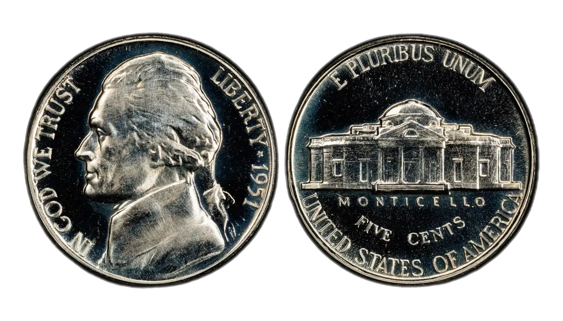 1951 Jefferson nickel reverse comparison: common weak steps vs Full Steps designation at Monticello staircase