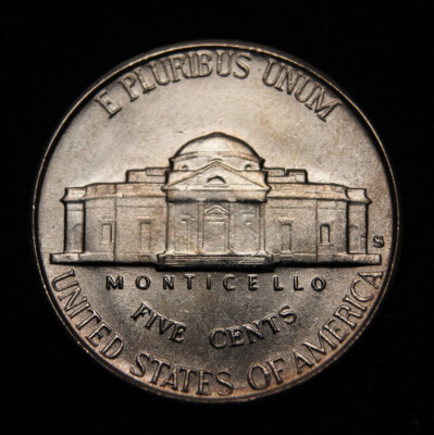 1951 Jefferson nickel Full Steps variety — close-up of Monticello reverse showing complete step lines