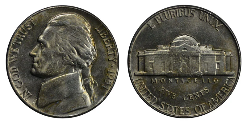 1951-S Jefferson nickel Repunched Mint Mark (RPM) showing doubled S mint mark to the right of Monticello