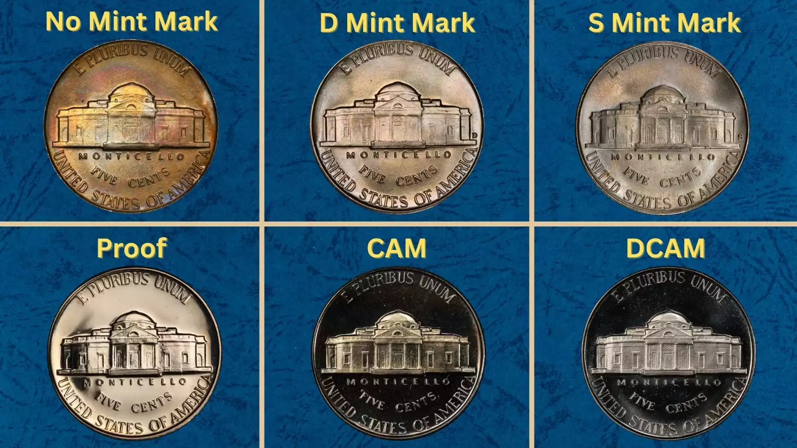 Group of 1951 Jefferson nickels from Philadelphia, Denver, and San Francisco mints showing mint mark differences
