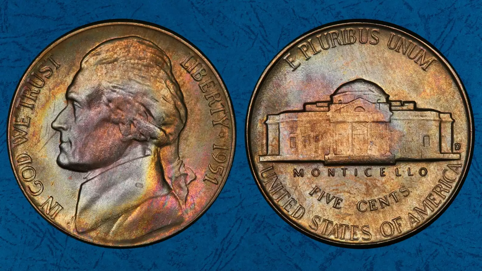 1951 Jefferson nickel grading strip showing four condition tiers from worn to gem uncirculated